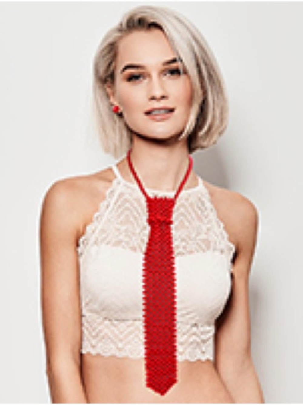Red Beaded Tie Necklace with Matching Earrings